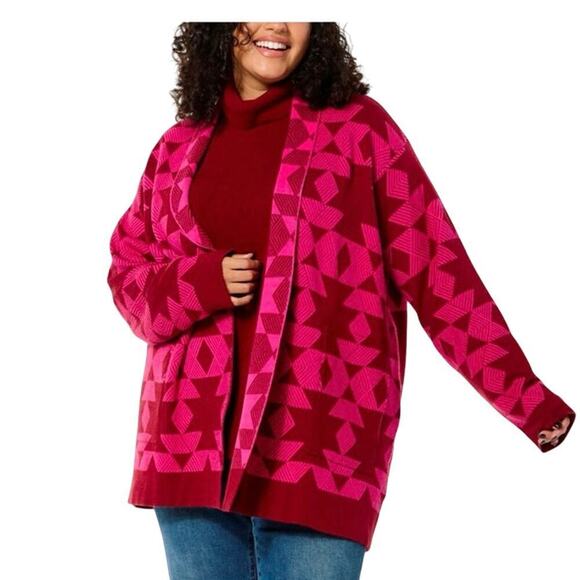 DG2 Diane Gilman Geo Jaquard Pink & Red Shawl Collar Cardigan Sweater Size 2X - Picture 1 of 13